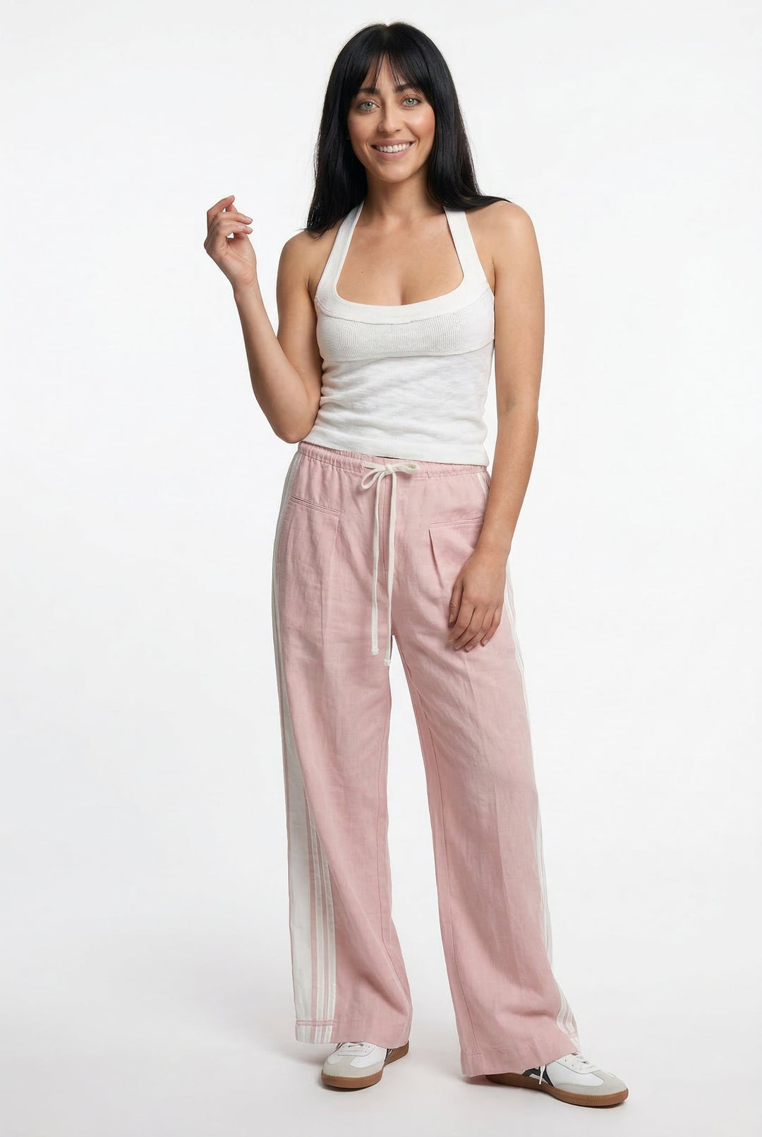 Track Trousers with High-Waist Fit, Elastic Waistband, and Bold Stripe Print in Soft Cotton-Blend