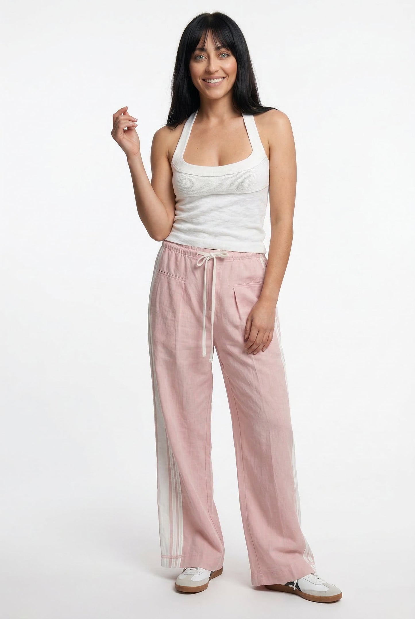 Track Trousers with High-Waist Fit, Elastic Waistband, and Bold Stripe Print in Soft Cotton-Blend