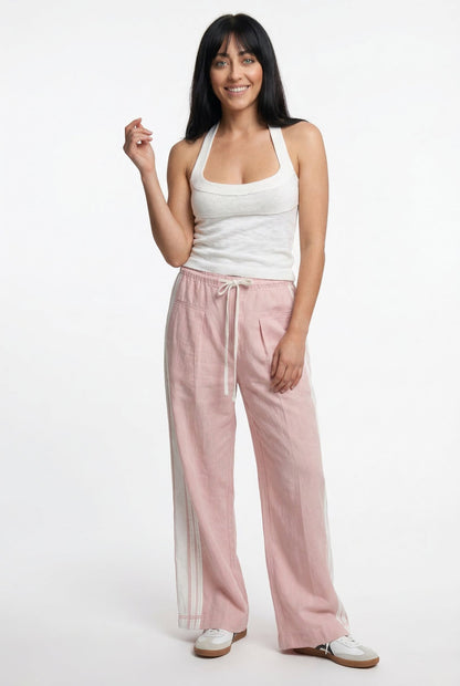 Track Trousers with High-Waist Fit, Elastic Waistband, and Bold Stripe Print in Soft Cotton-Blend