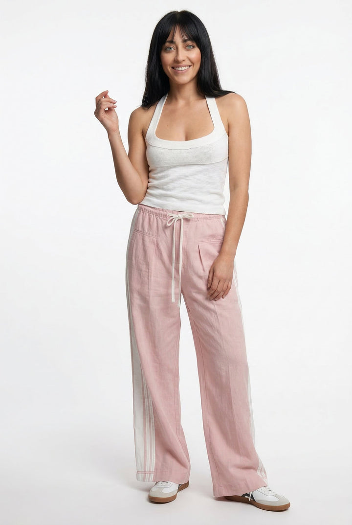 Track Trousers with High-Waist Fit, Elastic Waistband, and Bold Stripe Print in Soft Cotton-Blend