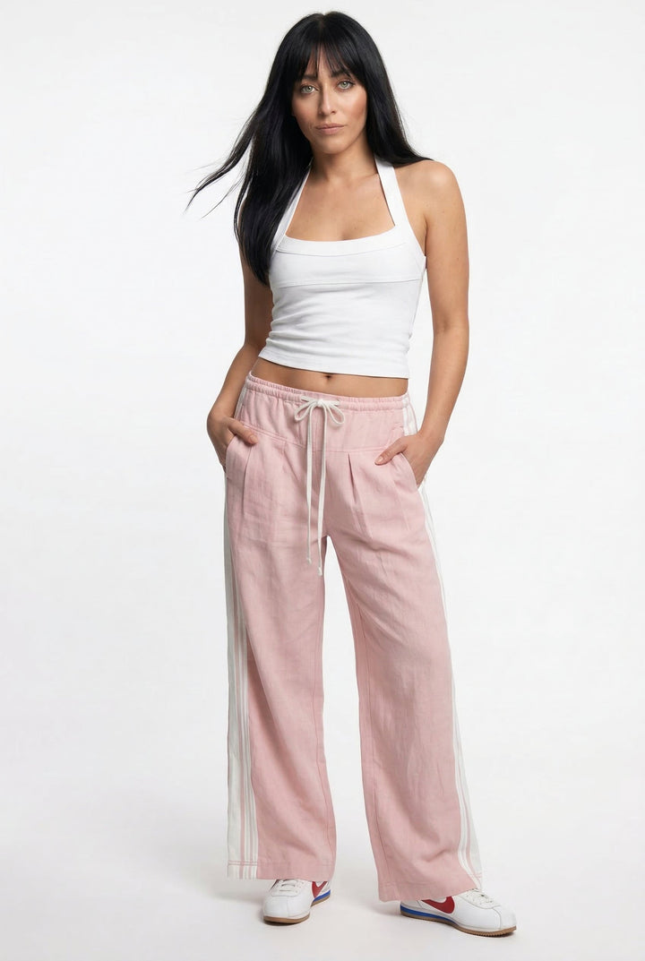 Track Trousers with High-Waist Fit, Elastic Waistband, and Bold Stripe Print in Soft Cotton-Blend