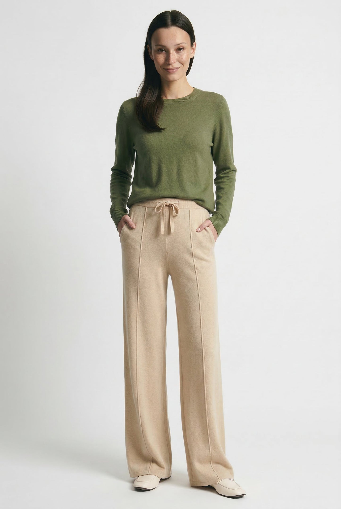 Wide-Leg Merino Wool Trousers with High-Waist Elastic Drawstring Waistband