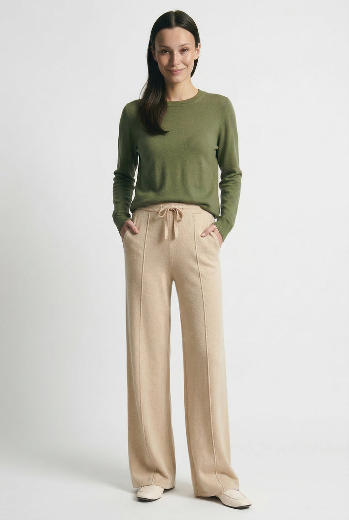Wide-Leg Merino Wool Trousers with High-Waist Elastic Drawstring Waistband