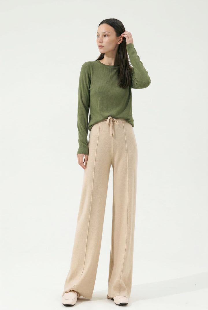 Wide-Leg Merino Wool Trousers with High-Waist Elastic Drawstring Waistband