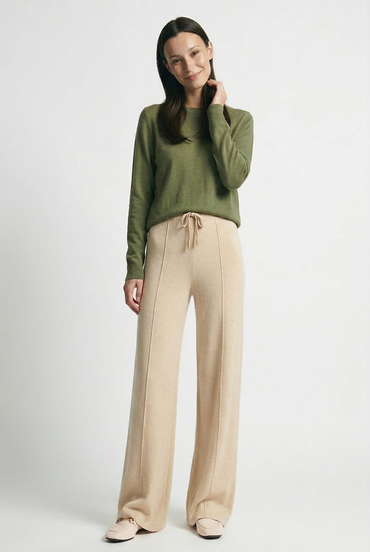 Wide-Leg Merino Wool Trousers with High-Waist Elastic Drawstring Waistband
