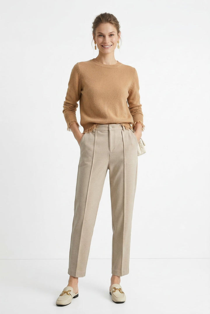 Tapered Wool-Blend Trousers with High-Waist Fit, Slim Silhouette, and Soft Woolen Touch in Khaki