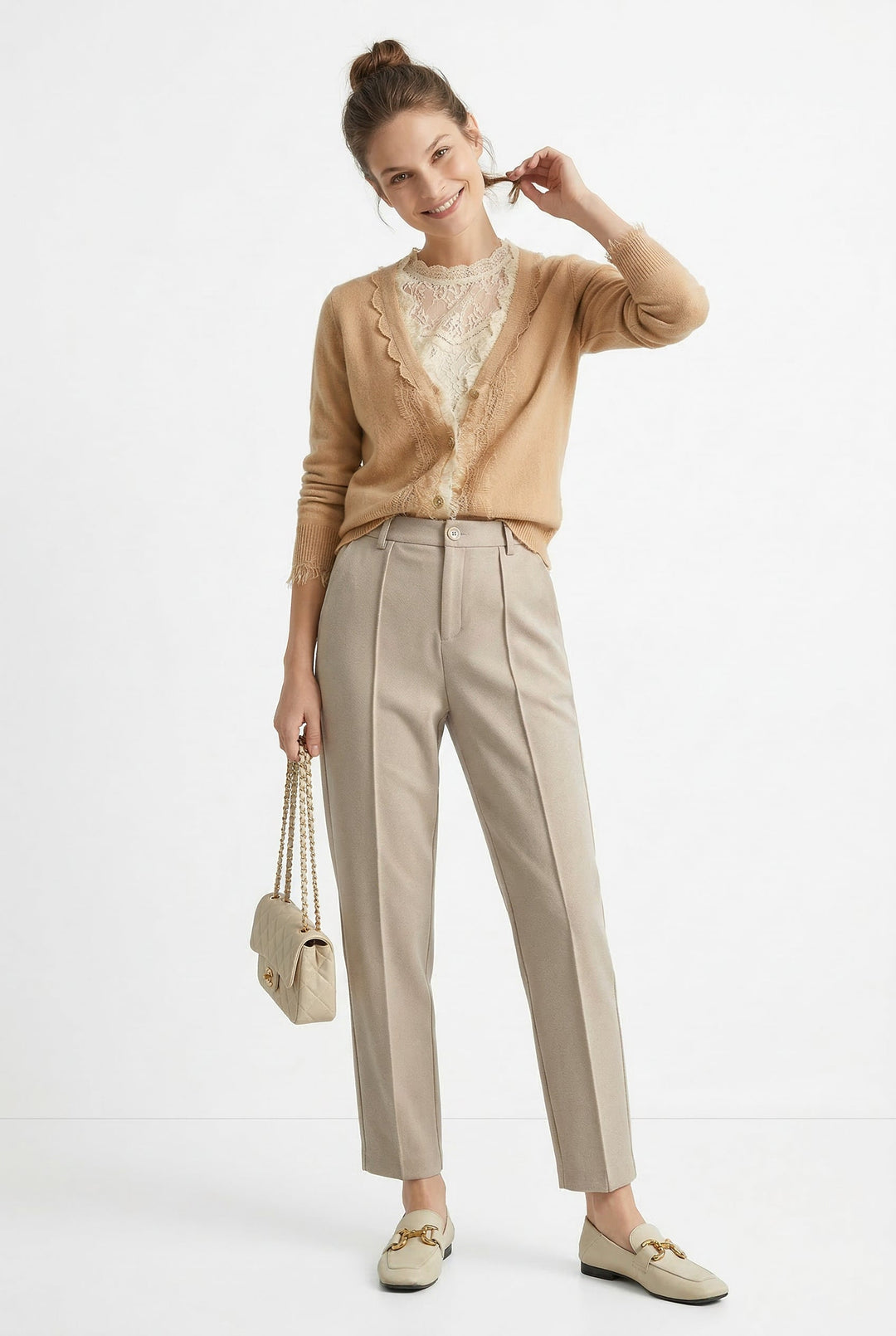 Tapered Wool-Blend Trousers with High-Waist Fit, Slim Silhouette, and Soft Woolen Touch in Khaki