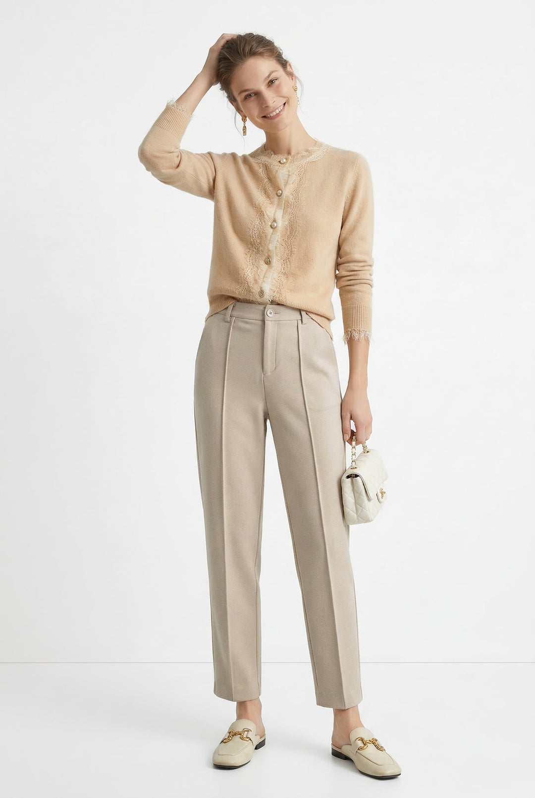 Tapered Wool-Blend Trousers with High-Waist Fit, Slim Silhouette, and Soft Woolen Touch in Khaki