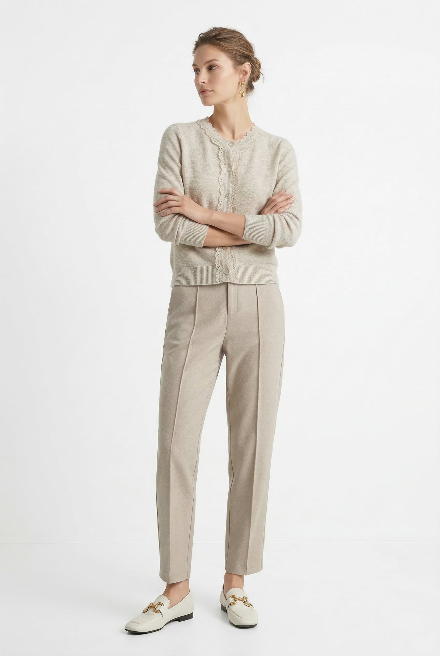 Tapered Wool-Blend Trousers with High-Waist Fit, Slim Silhouette, and Soft Woolen Touch in Khaki