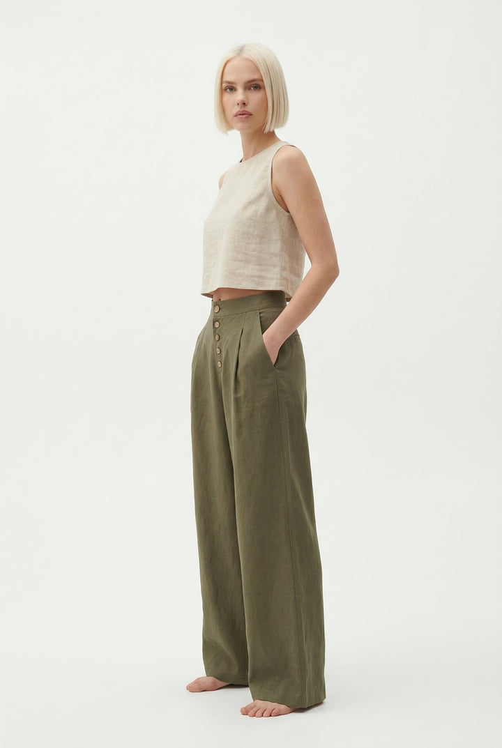 Wide-Leg Pant in 100% Cotton with Hidden Elastic Waistband, Button-Fly Front, and Ankle-Length Cut