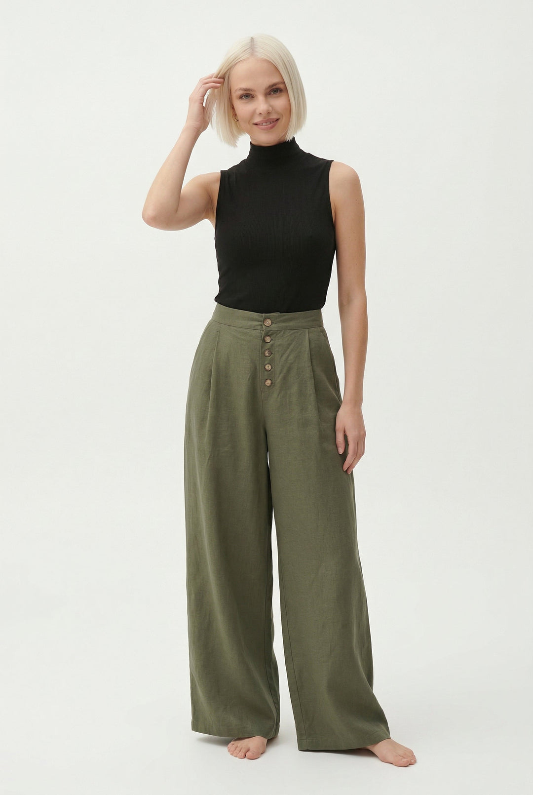 Wide-Leg Pant in 100% Cotton with Hidden Elastic Waistband, Button-Fly Front, and Ankle-Length Cut
