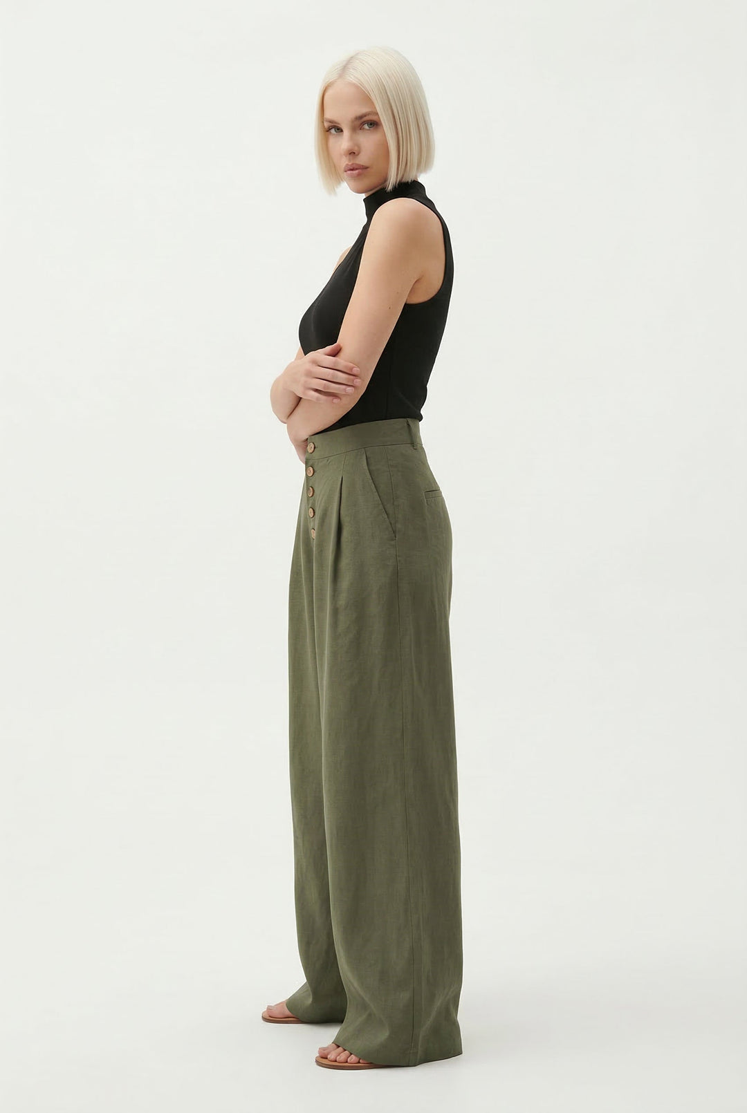Wide-Leg Pant in 100% Cotton with Hidden Elastic Waistband, Button-Fly Front, and Ankle-Length Cut