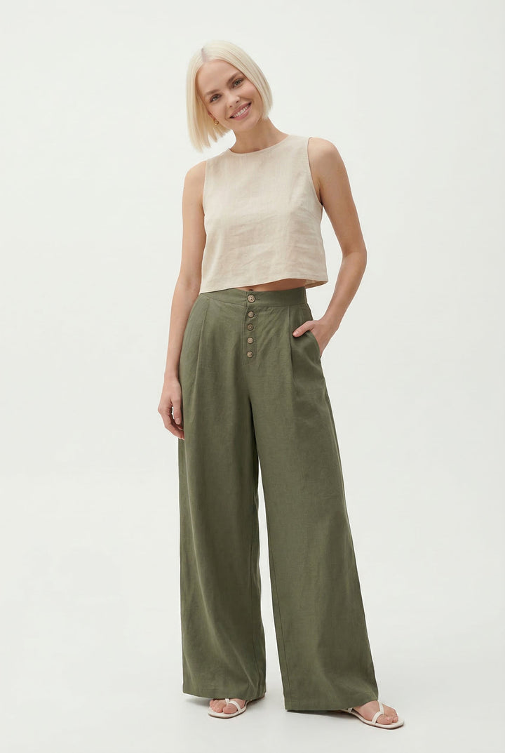 Wide-Leg Pant in 100% Cotton with Hidden Elastic Waistband, Button-Fly Front, and Ankle-Length Cut