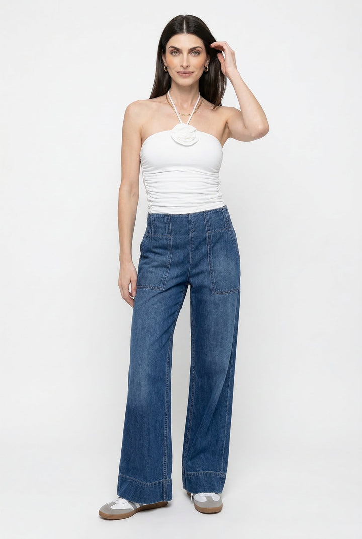 Wide-Leg Jeans with High-Rise Fit, Slight Stretch, and Relaxed Silhouette in Navy Cotton Denim
