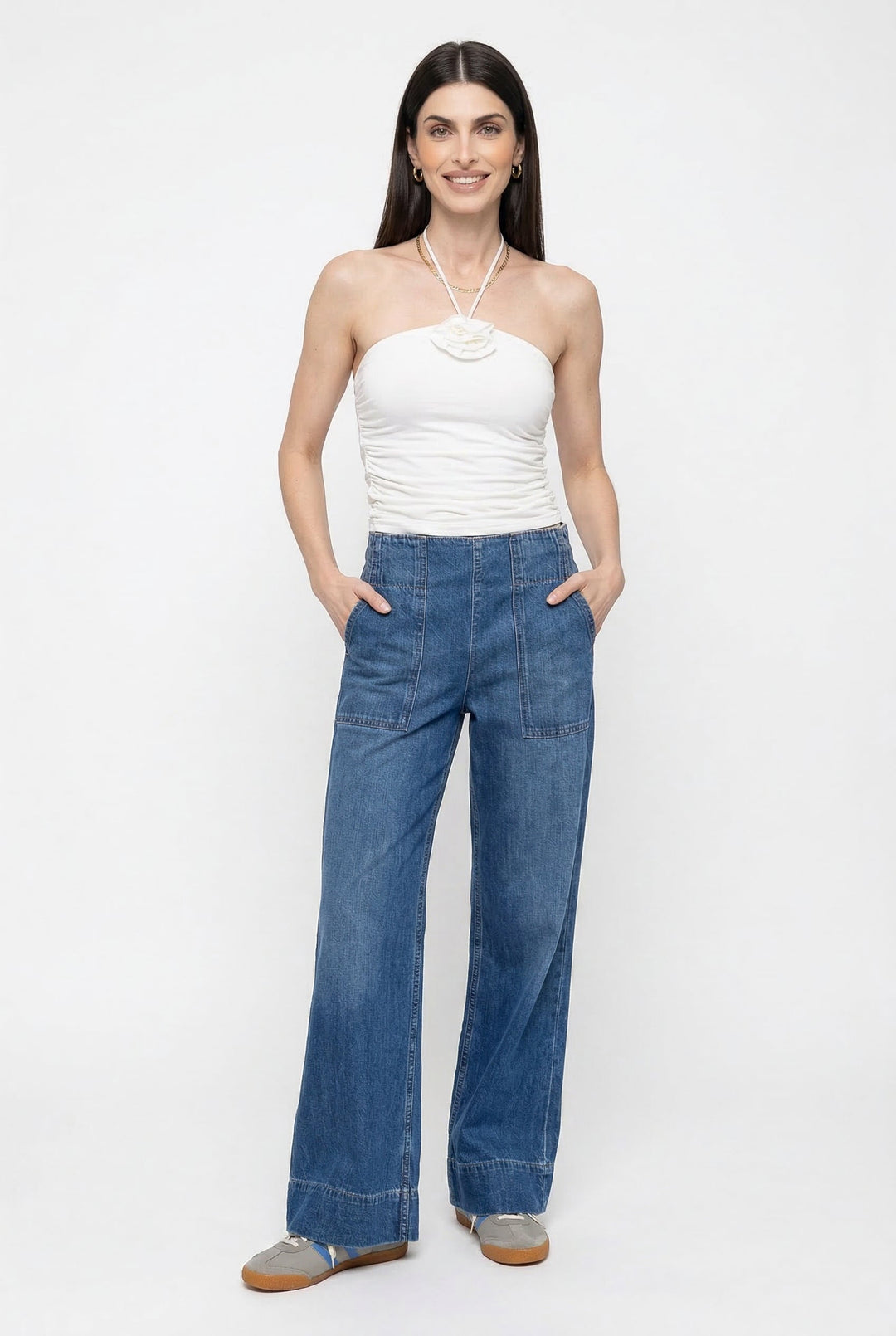 Wide-Leg Jeans with High-Rise Fit, Slight Stretch, and Relaxed Silhouette in Navy Cotton Denim