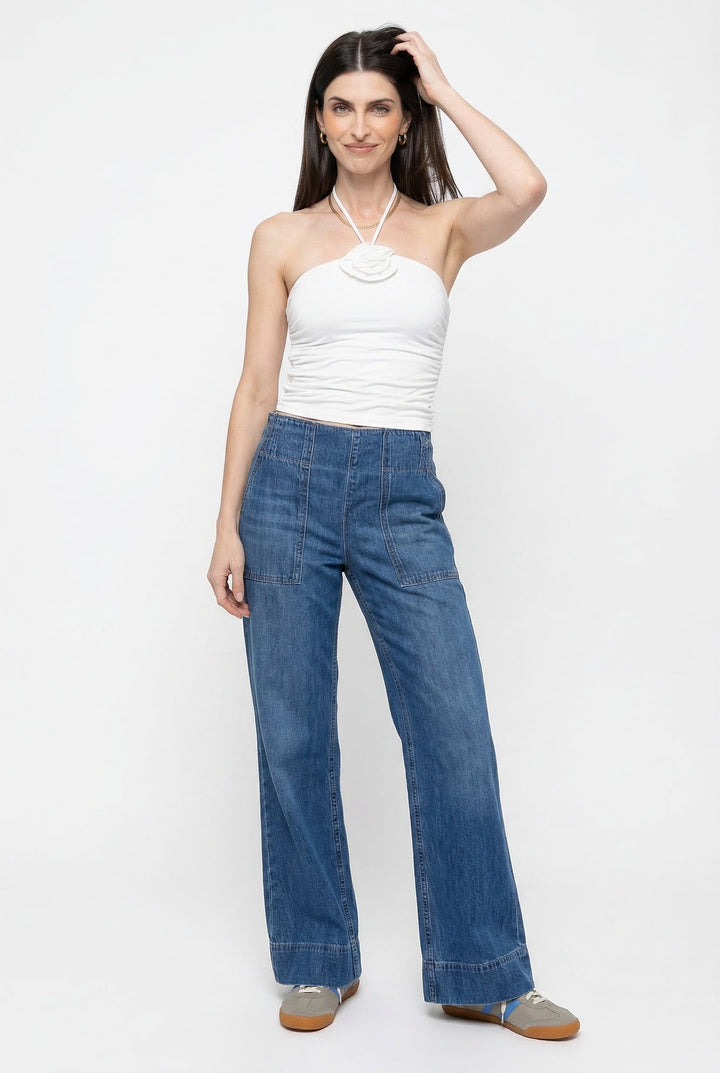 Wide-Leg Jeans with High-Rise Fit, Slight Stretch, and Relaxed Silhouette in Navy Cotton Denim