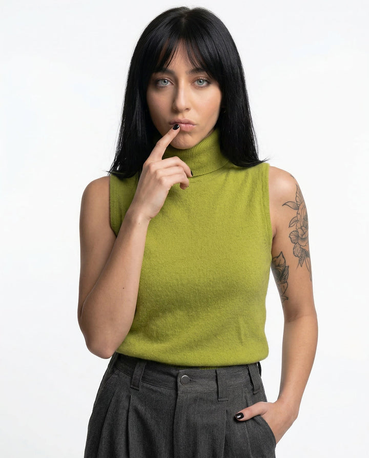 High-Neck Sweater Vest in Soft Wool-Cashmere Blend, Sleeveless Sculpted Fit with Structured Tall Neckline