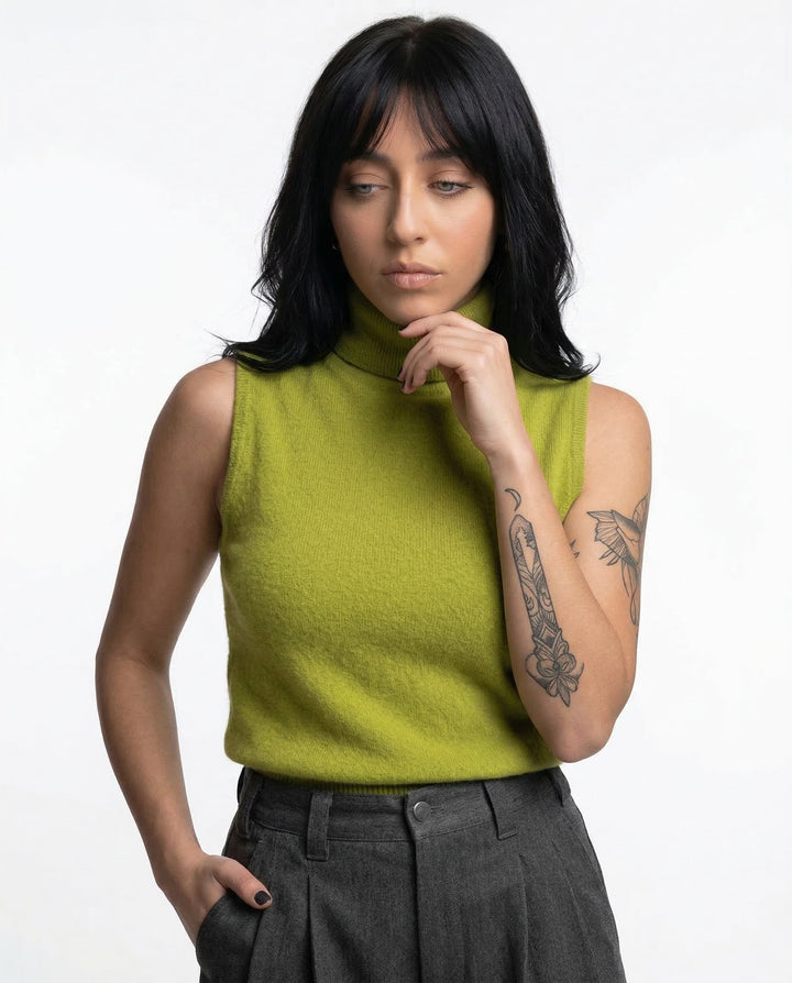 High-Neck Sweater Vest in Soft Wool-Cashmere Blend, Sleeveless Sculpted Fit with Structured Tall Neckline