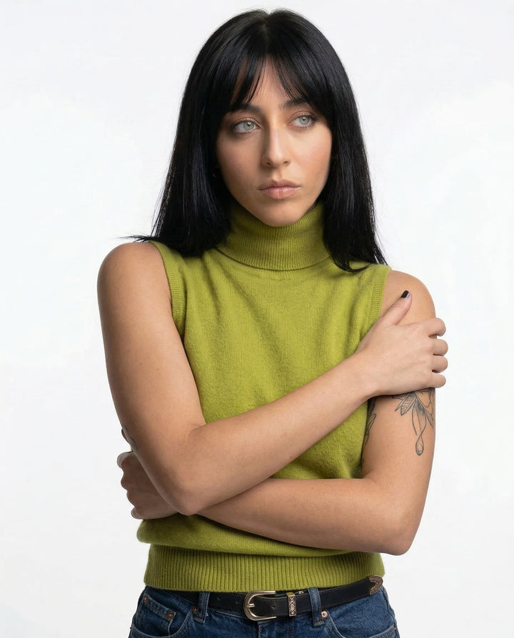 High-Neck Sweater Vest in Soft Wool-Cashmere Blend, Sleeveless Sculpted Fit with Structured Tall Neckline