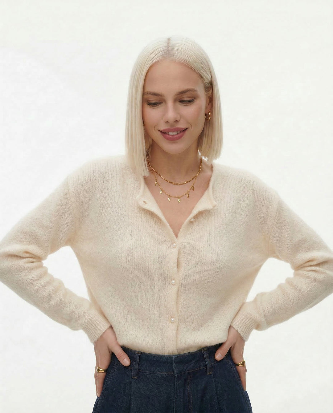 Wool Blend Knit Cardigan with Long Sleeves and Relaxed Layering Fit in Ivory