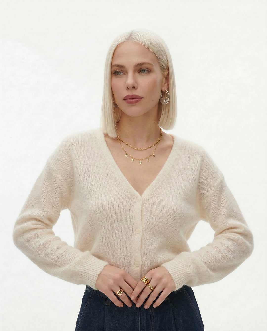 Wool Blend Knit Cardigan with Long Sleeves and Relaxed Layering Fit in Ivory