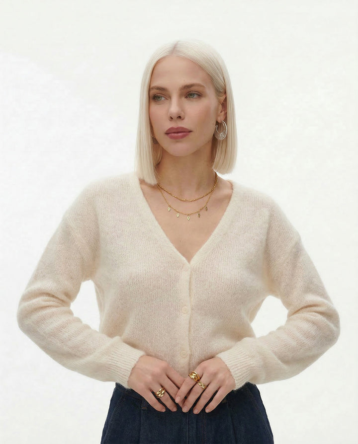 Wool Blend Knit Cardigan with Long Sleeves and Relaxed Layering Fit in Ivory