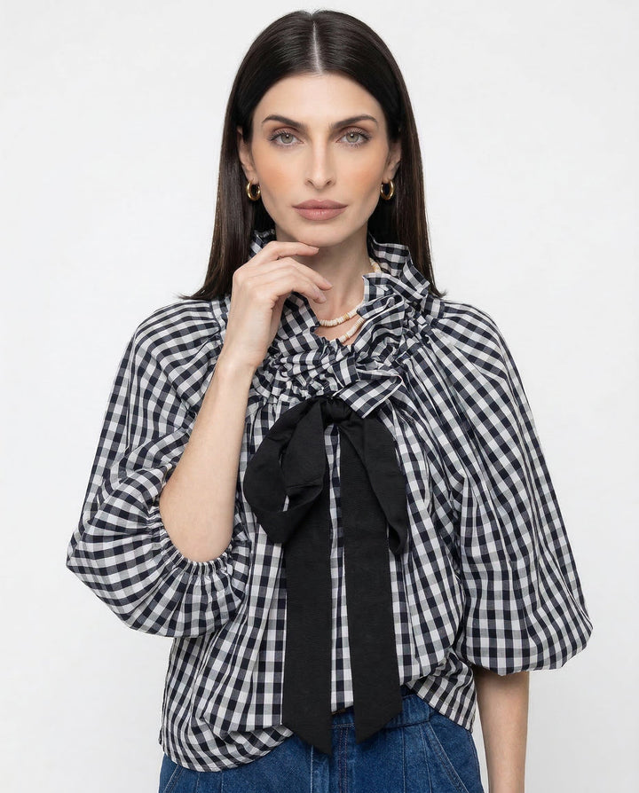 Ruffled Collar Blouse with Oversized Bow Tie and Lantern Sleeves, Checkered Print