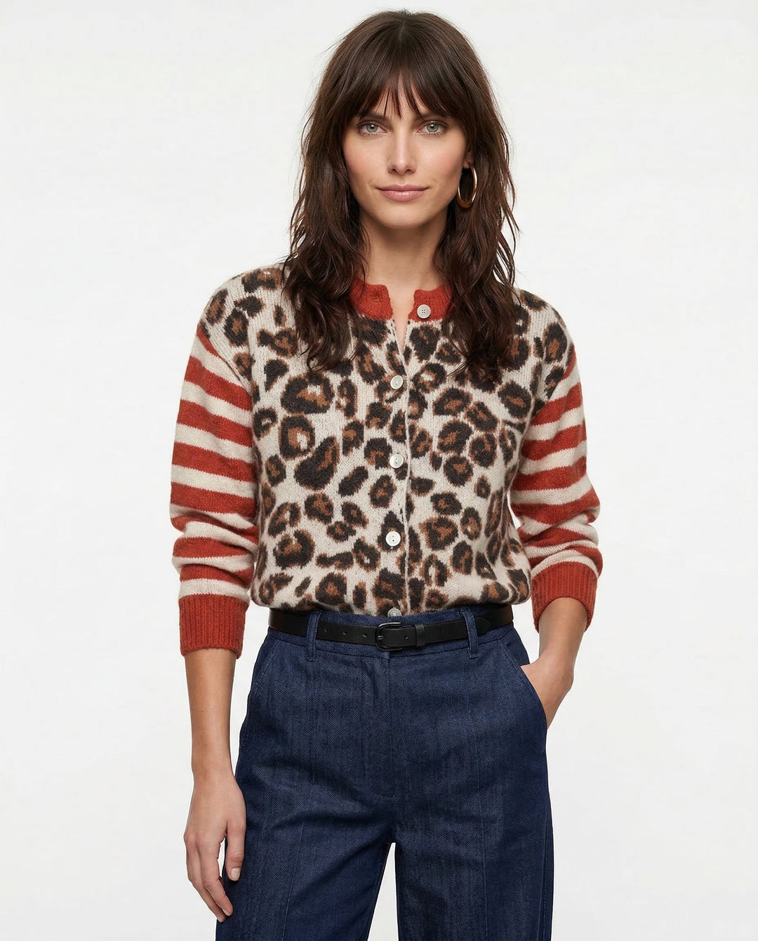 Cardigan in Leopard and Stripe Print with Relaxed Fit and Soft Cotton Blend Knit for Effortless Layering