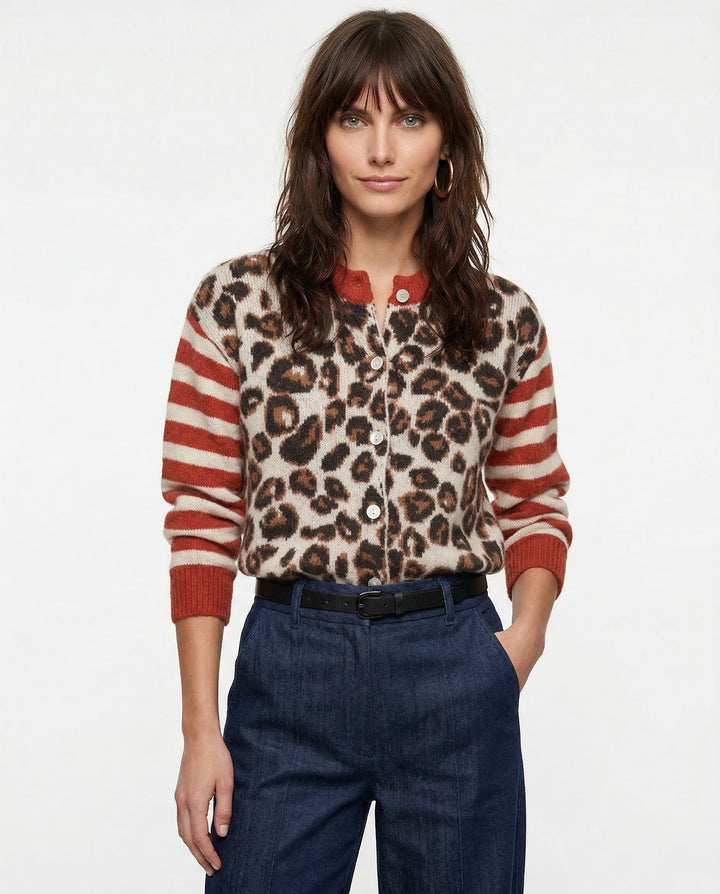 Cardigan in Leopard and Stripe Print with Relaxed Fit and Soft Cotton Blend Knit for Effortless Layering