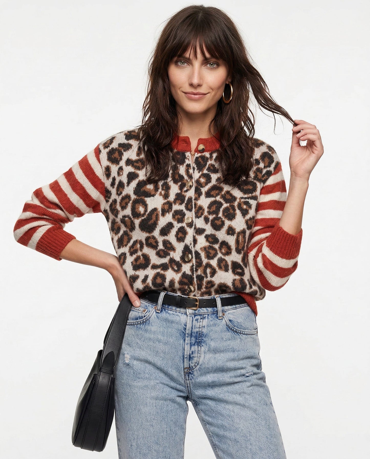 Cardigan in Leopard and Stripe Print with Relaxed Fit and Soft Cotton Blend Knit for Effortless Layering
