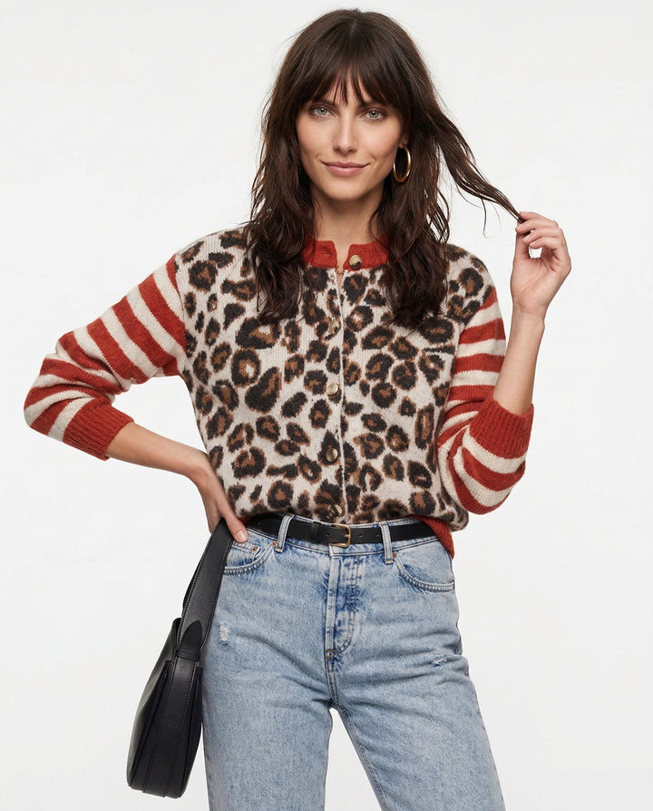 Cardigan in Leopard and Stripe Print with Relaxed Fit and Soft Cotton Blend Knit for Effortless Layering