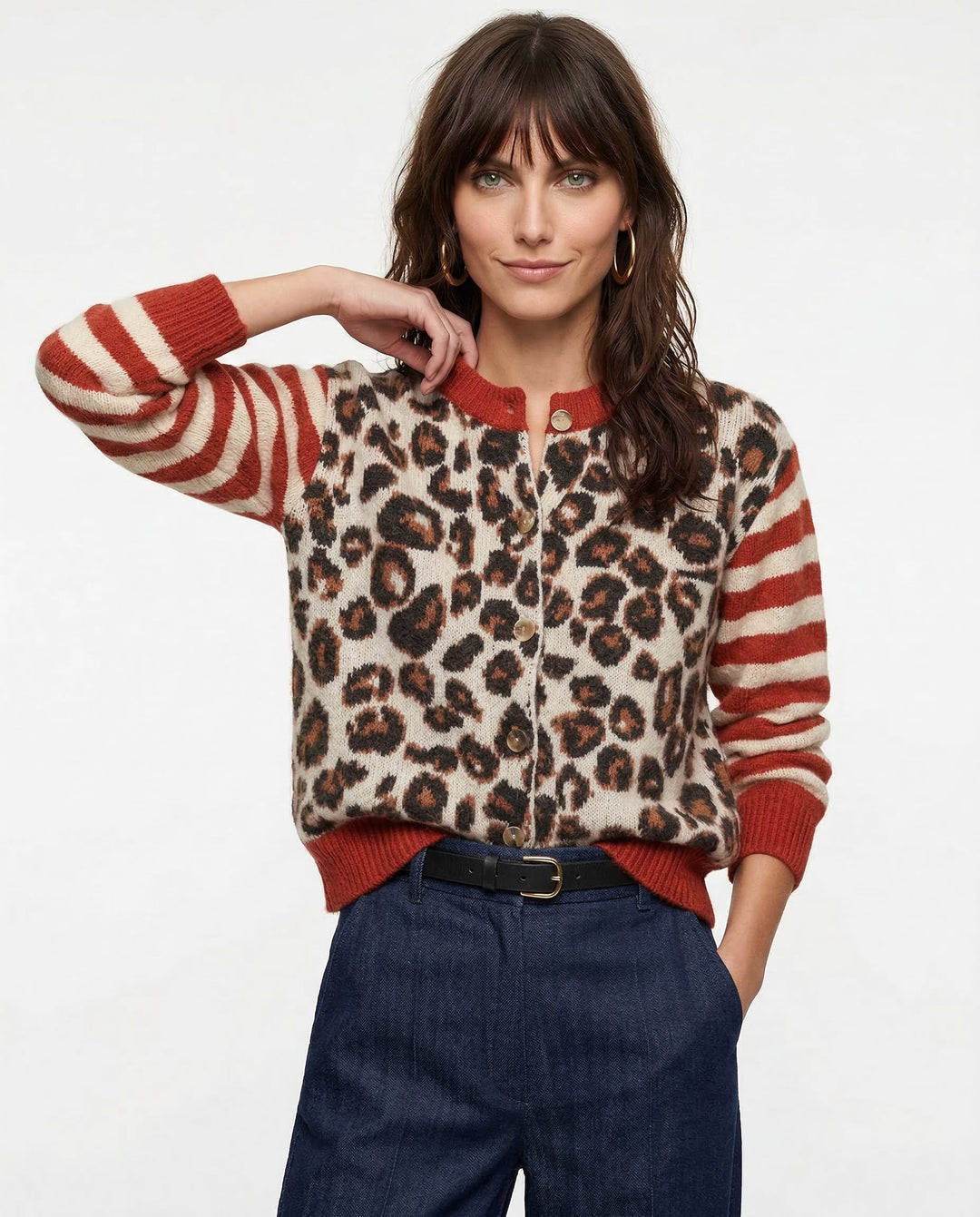 Cardigan in Leopard and Stripe Print with Relaxed Fit and Soft Cotton Blend Knit for Effortless Layering