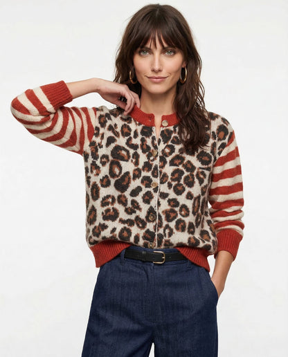 Cardigan in Leopard and Stripe Print with Relaxed Fit and Soft Cotton Blend Knit for Effortless Layering