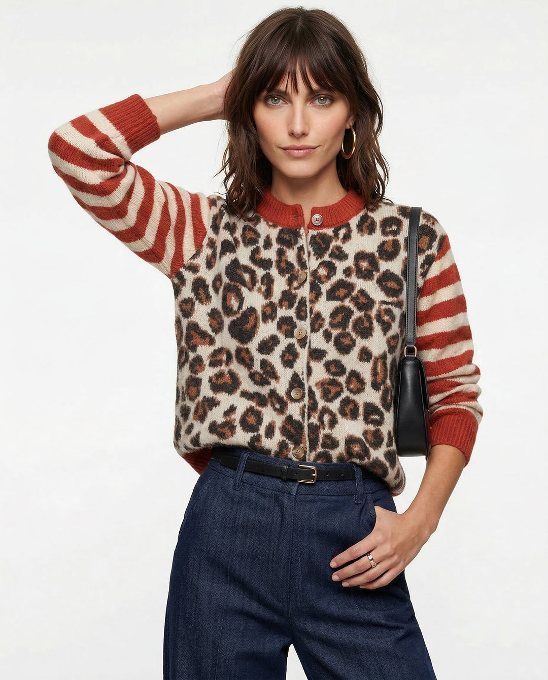 Cardigan in Leopard and Stripe Print with Relaxed Fit and Soft Cotton Blend Knit for Effortless Layering