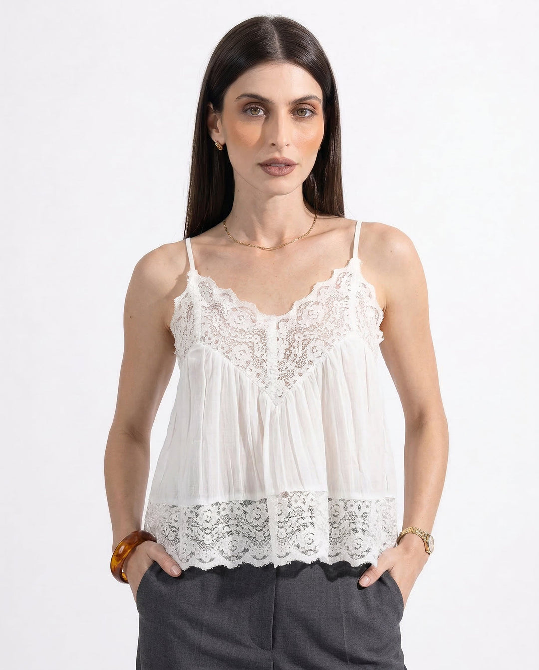 Lace-Trim Cami Top with Sheer Flowy Cotton and Adjustable Spaghetti Straps