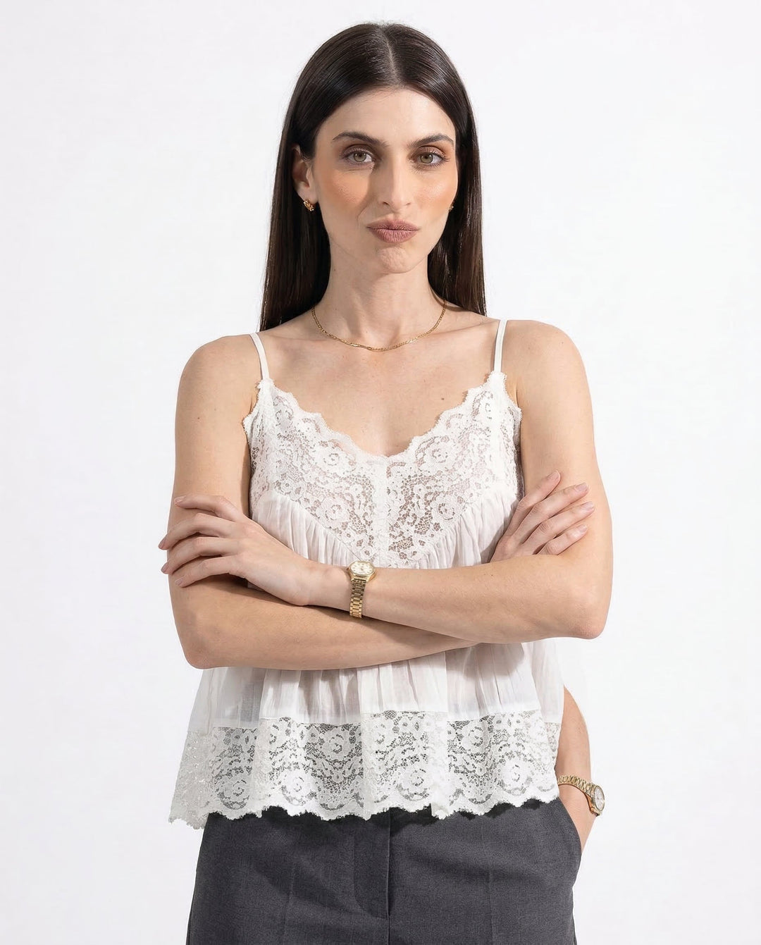 Lace-Trim Cami Top with Sheer Flowy Cotton and Adjustable Spaghetti Straps