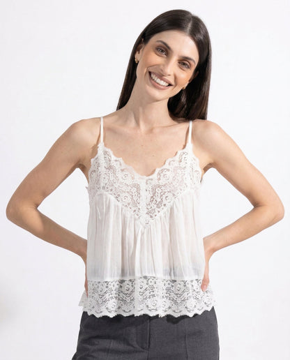 Lace-Trim Cami Top with Sheer Flowy Cotton and Adjustable Spaghetti Straps