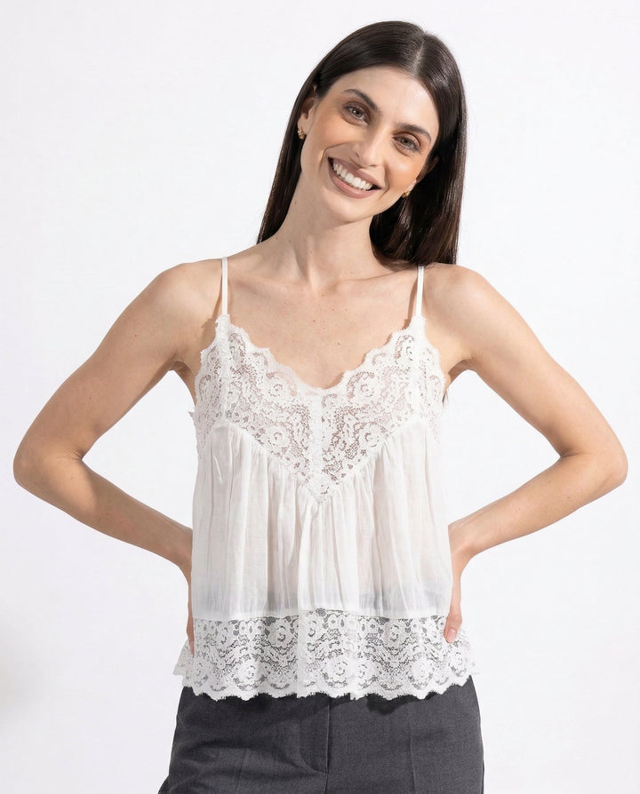 Lace-Trim Cami Top with Sheer Flowy Cotton and Adjustable Spaghetti Straps