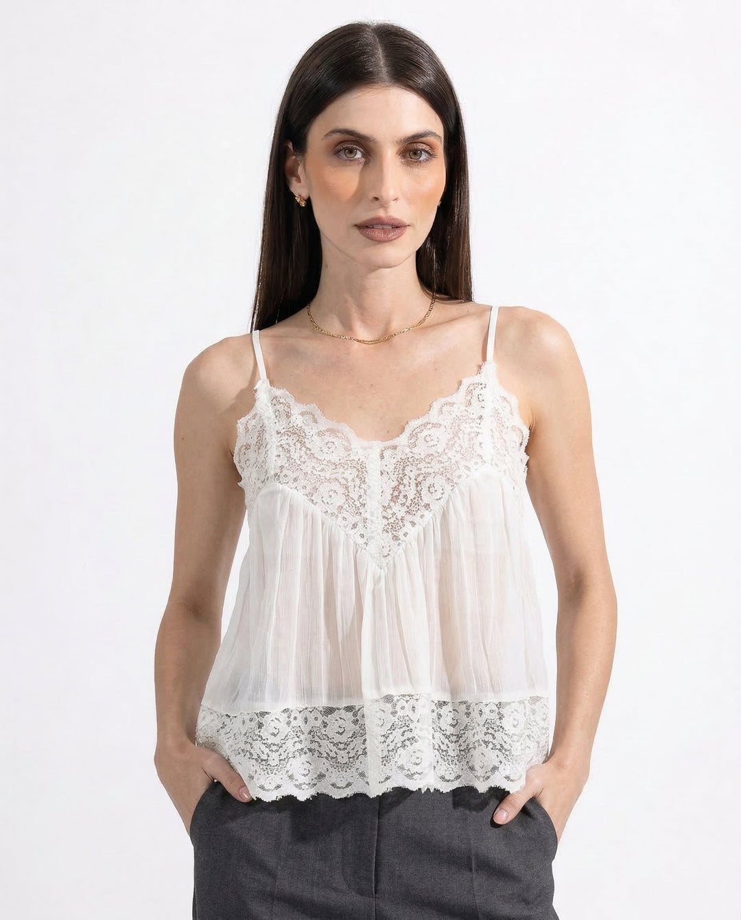 Lace-Trim Cami Top with Sheer Flowy Cotton and Adjustable Spaghetti Straps