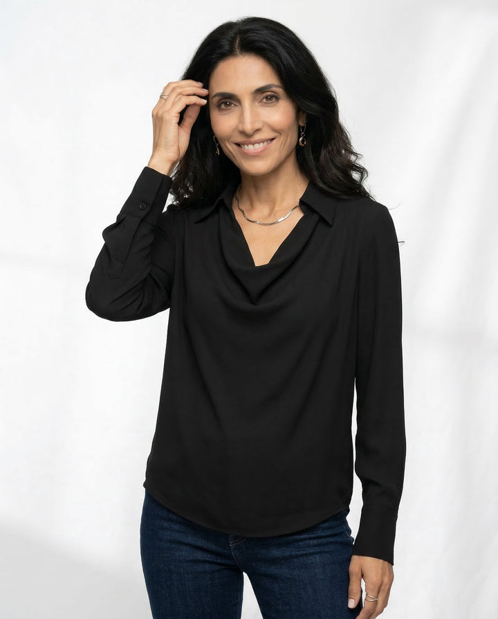 Long Sleeve Blouse with Draped Cowl Neckline, Silk-Blend Satin Finish and Button Cuffs