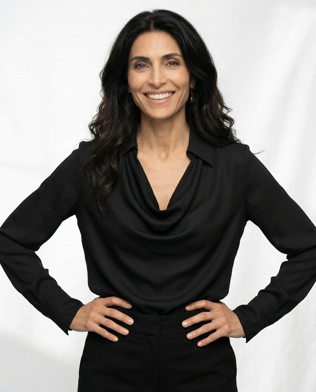 Long Sleeve Blouse with Draped Cowl Neckline, Silk-Blend Satin Finish and Button Cuffs