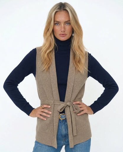 Merino Wool and Cashmere Blend Knit Vest with Adjustable Waist Tie and Slim Fit