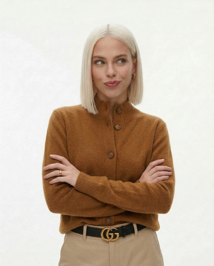 Cardigan in Cashmere Wool Blend with Statement Buttons and Flattering Half-High Neckline