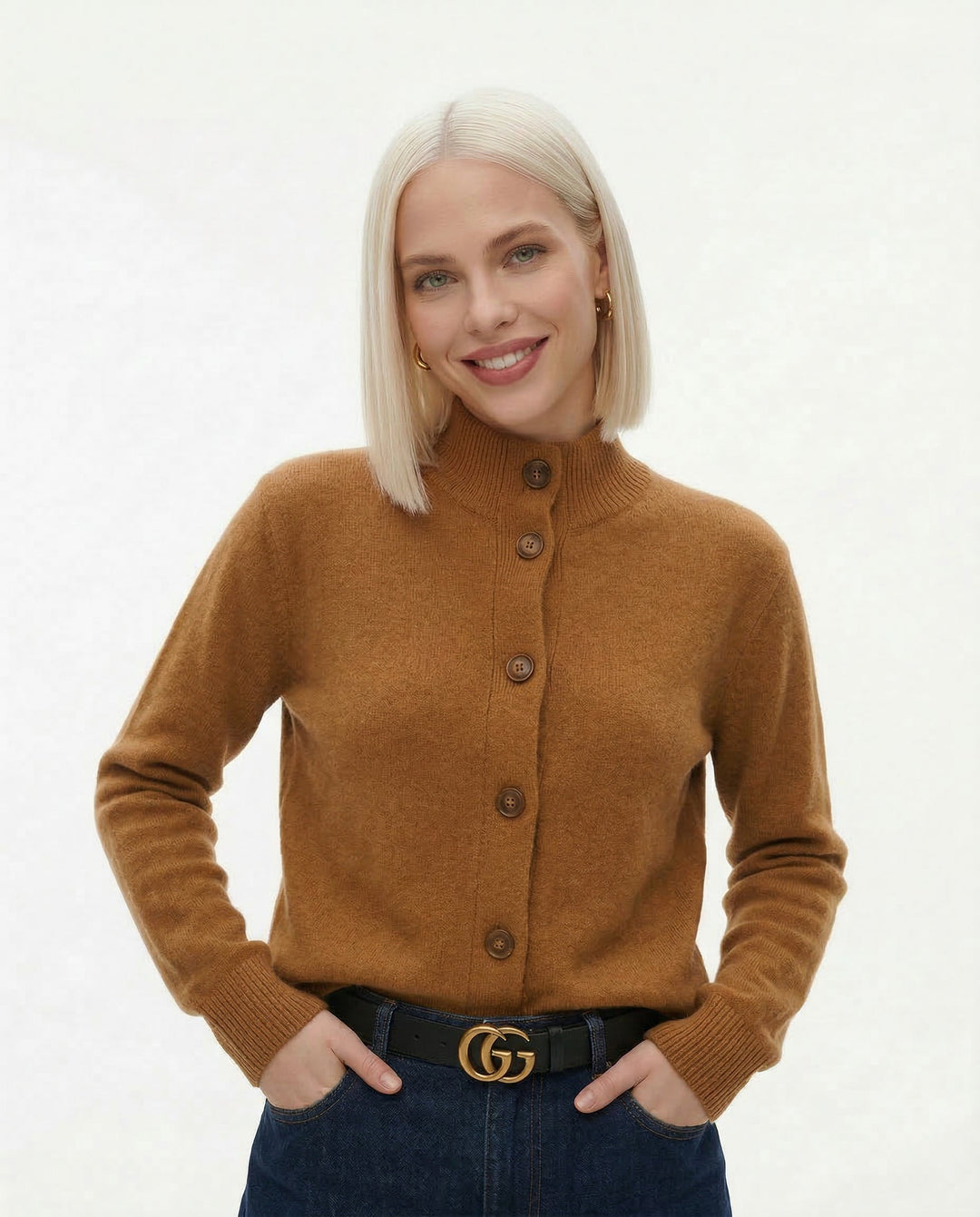 Cardigan in Cashmere Wool Blend with Statement Buttons and Flattering Half-High Neckline