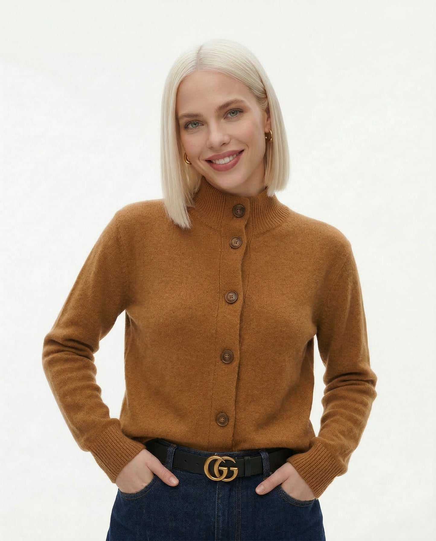 Cardigan in Cashmere Wool Blend with Statement Buttons and Flattering Half-High Neckline
