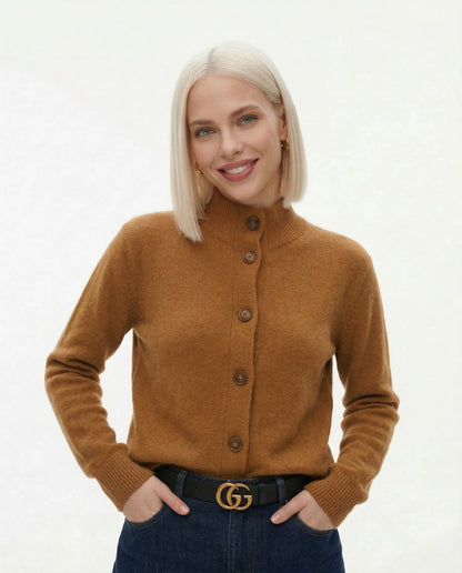 Cardigan in Cashmere Wool Blend with Statement Buttons and Flattering Half-High Neckline