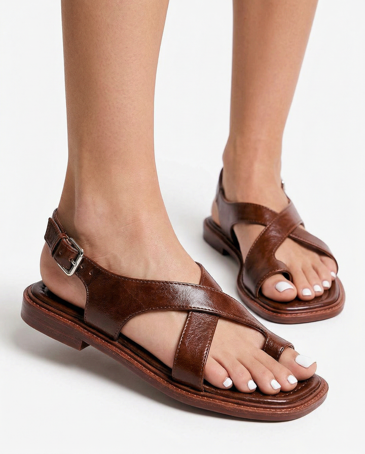 Leather Cross-Strap Sandals with Cushioned Footbed and Low Heel, Women's