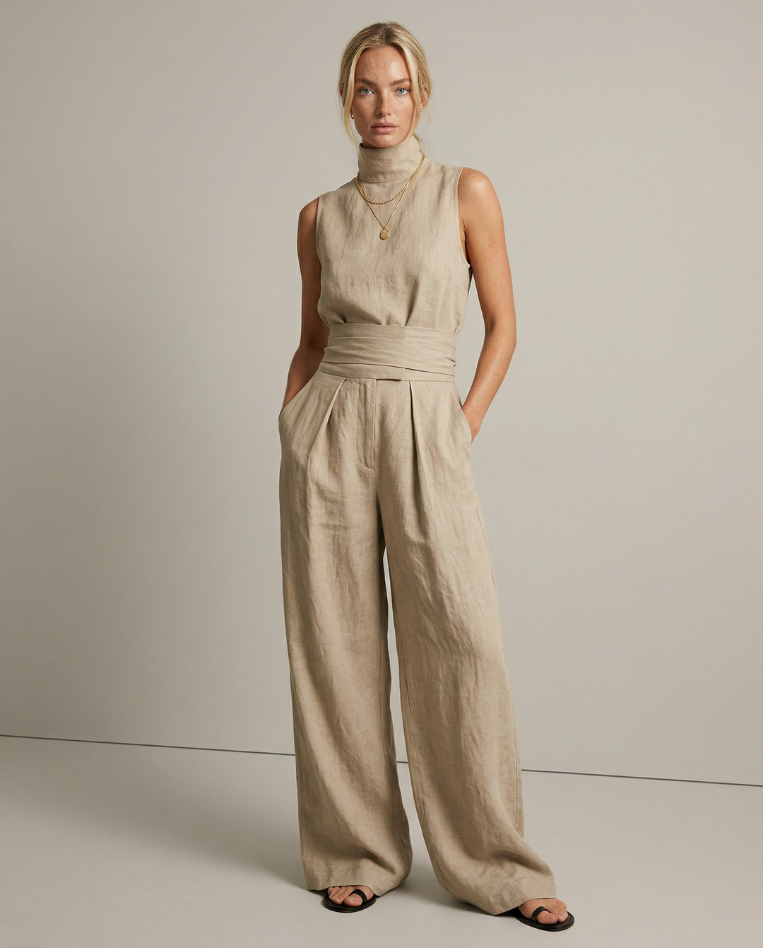 Linen-Cotton Blend Two-Piece Set with Wide-Leg Pants and Mock Turtleneck, High-Rise Relaxed Fit