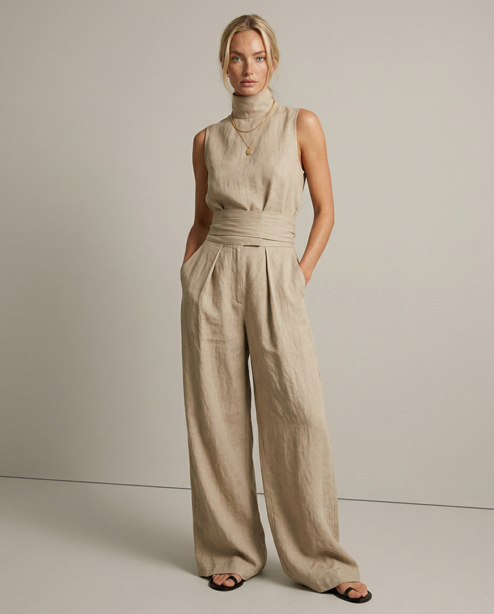 Linen-Cotton Blend Two-Piece Set with Wide-Leg Pants and Mock Turtleneck, High-Rise Relaxed Fit