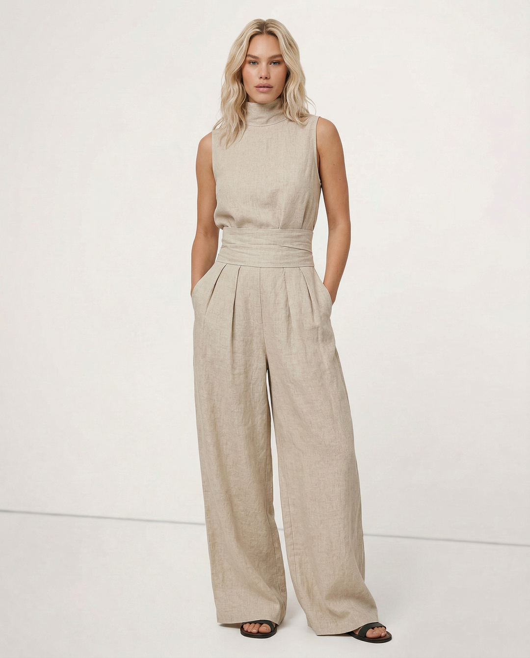 Linen-Cotton Blend Two-Piece Set with Wide-Leg Pants and Mock Turtleneck, High-Rise Relaxed Fit